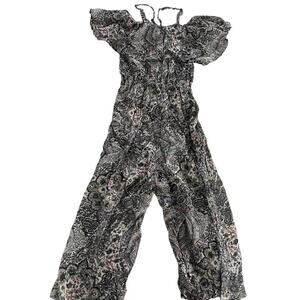 Figwood North Shore Jumpsuit Womens Small Medium Black White Paisley Ruffle Crop